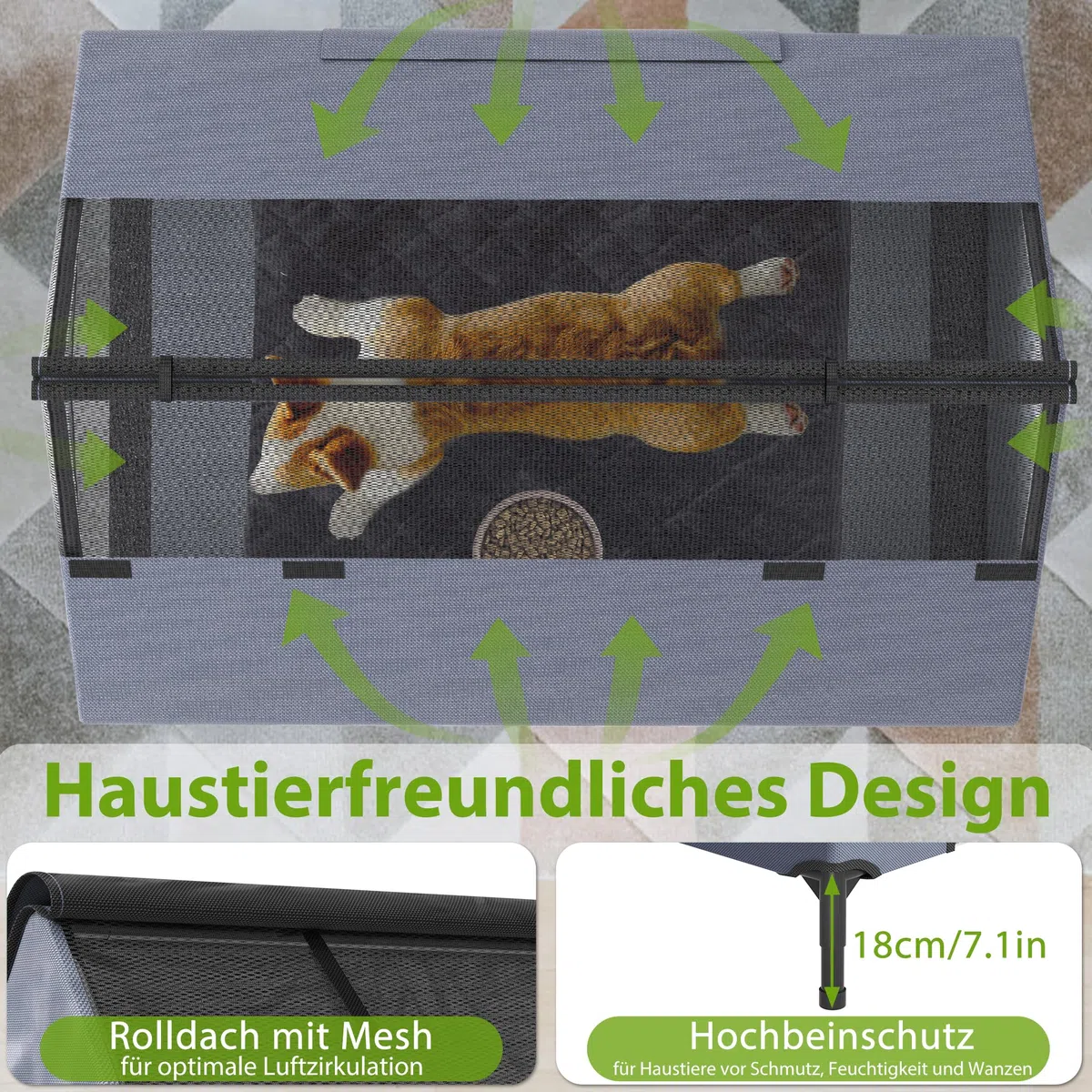 UISEBRT Cama para perros 2 en 1 cubierta y elevada con tapa extraíble, tienda de campaña para perros de exterior para perros pequeños y medianos de hasta 40 kg, ideal para jardín, 91 x 65,5 x 86,5 cm