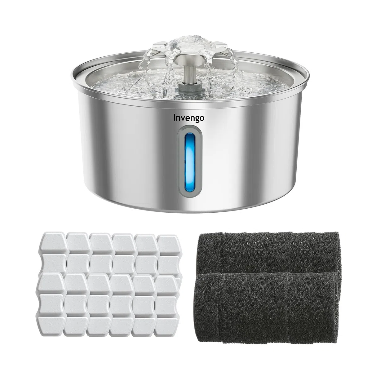 Invengo Fuente para Gatos Acero Inoxidable, 3.2L Fuente para Gatos Acero Inoxidable con Boquilla de Flor & 12 Filtros de Repuesto para Fuente de Agua