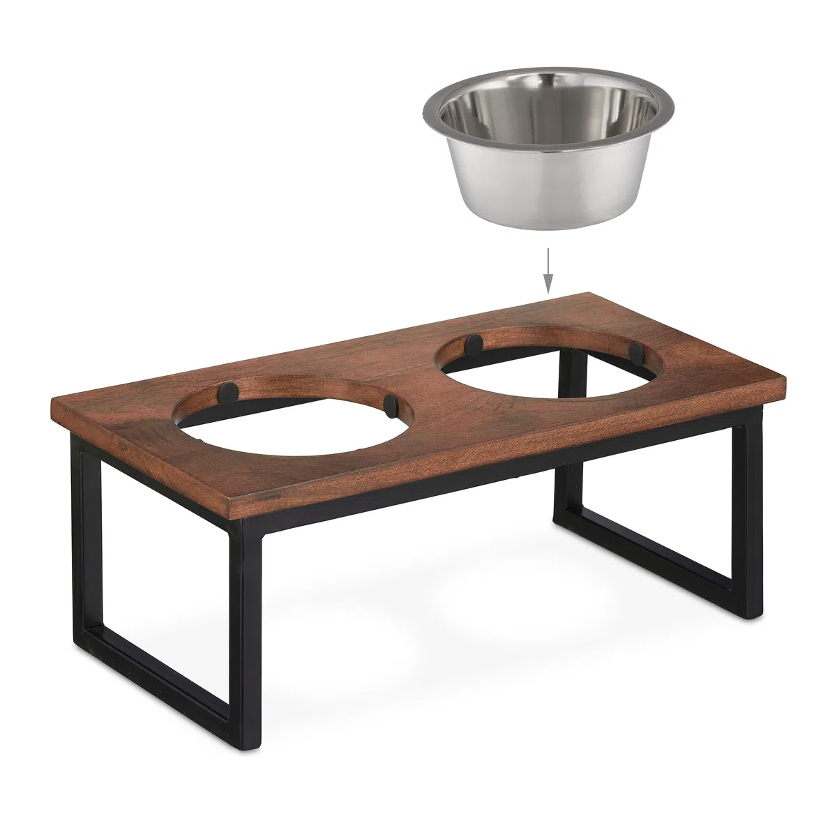 Relaxdays Napfständer Comedero Elevado para Perro, Soporte Alto de Madera Mango, 16,5x42x21cm, 2 Cuencos Acero INOX. 1000ml, Marrón, 1000 ml