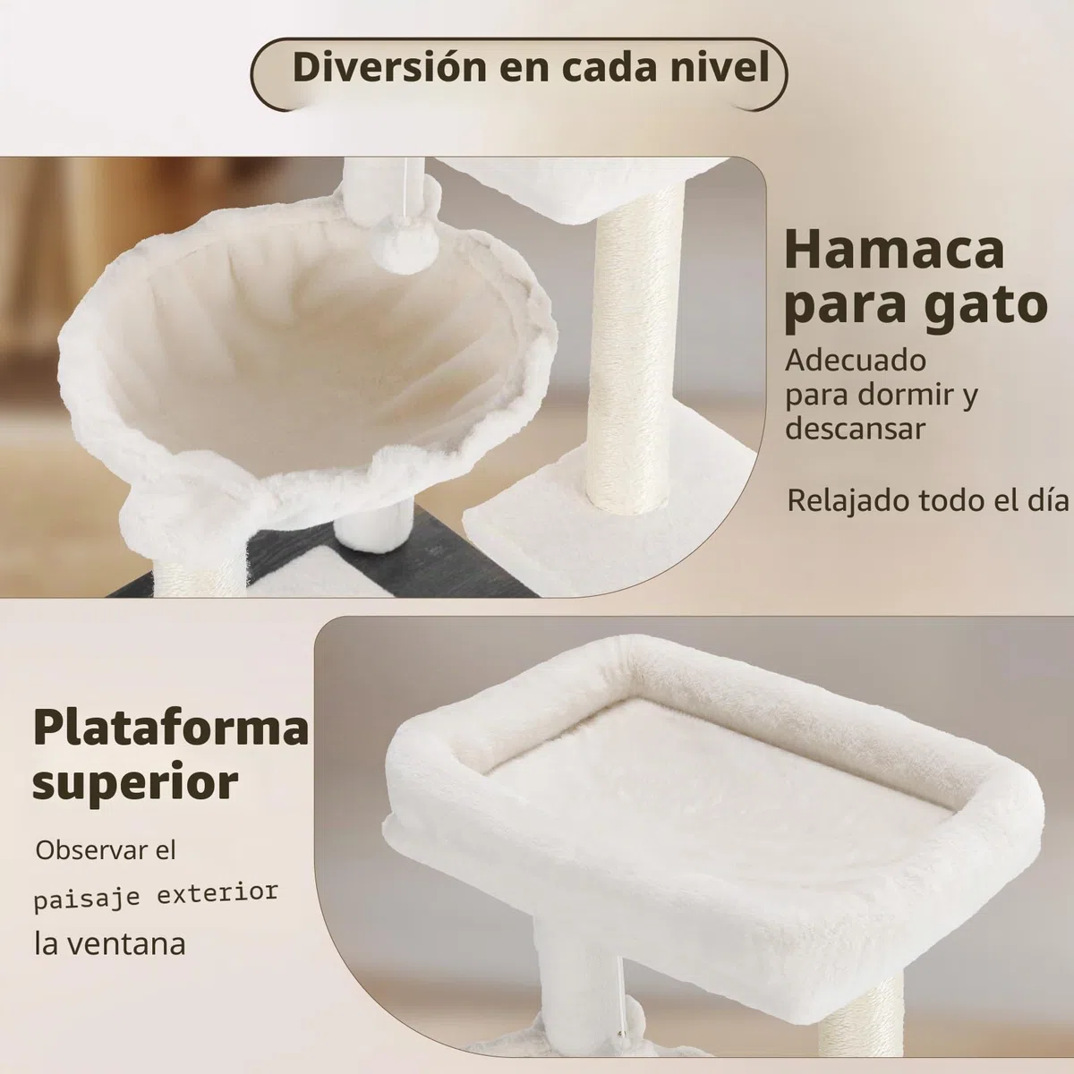 MAMIZO Árbol rascador con inodoro para gatos, árbol para gatos 2-en-1, nido de felpa desmontable, 119 cm de alto, cojines de felpa lavables, mueble para gatos, árbol rascador de madera, troncos de