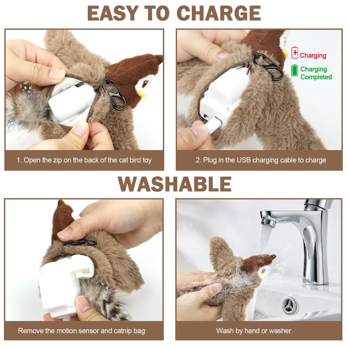 Tocirelo Juguetes para gatos de interior – Juguete interactivo para gatos con hierba gatera, juguetes de pájaros simulados recargables para gatos, gorrión (sin volar)