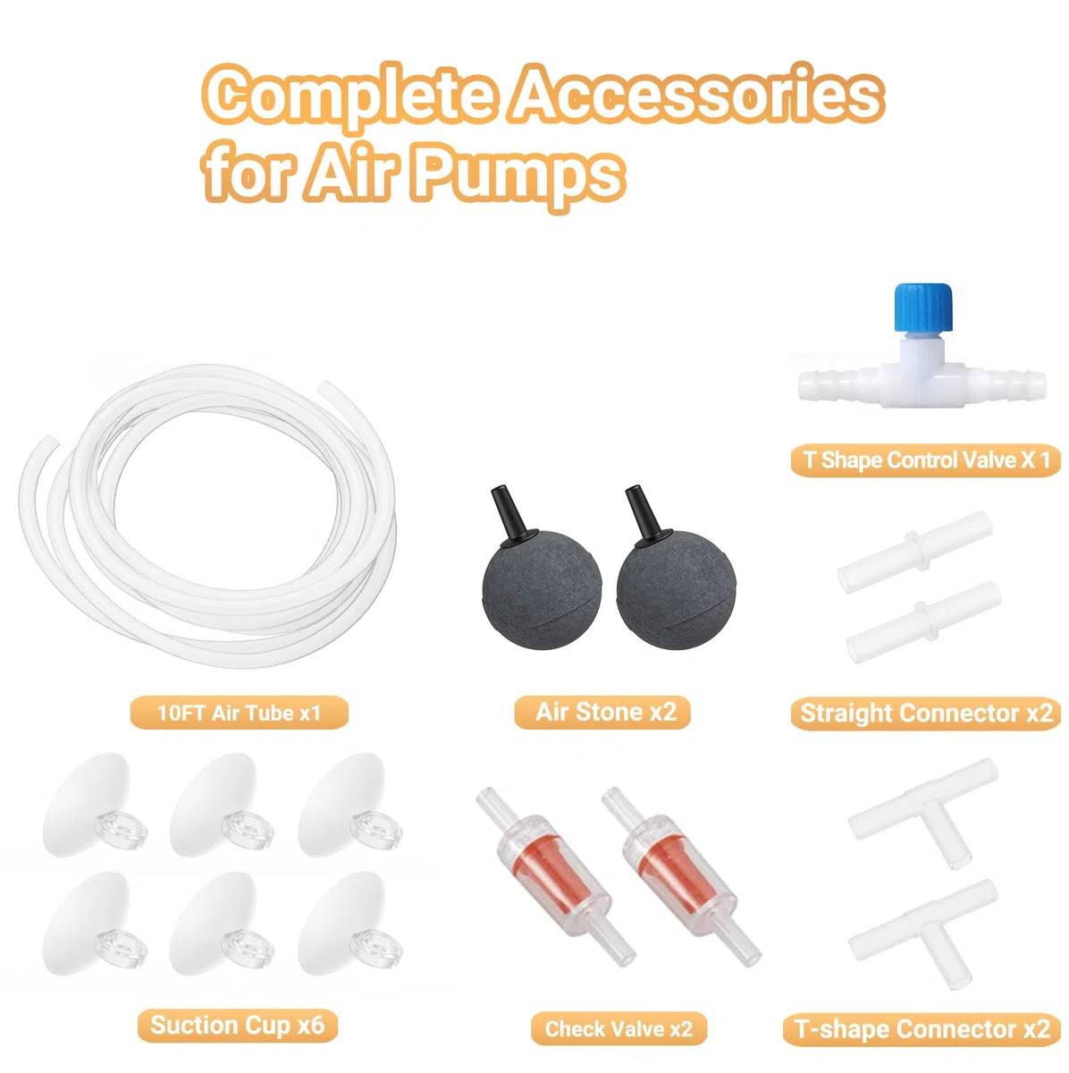 MoonOrange Kit de accesorios para bomba de aire para acuario con tubo estándar, piedras de aire, válvulas de retención, ventosas y conectores.