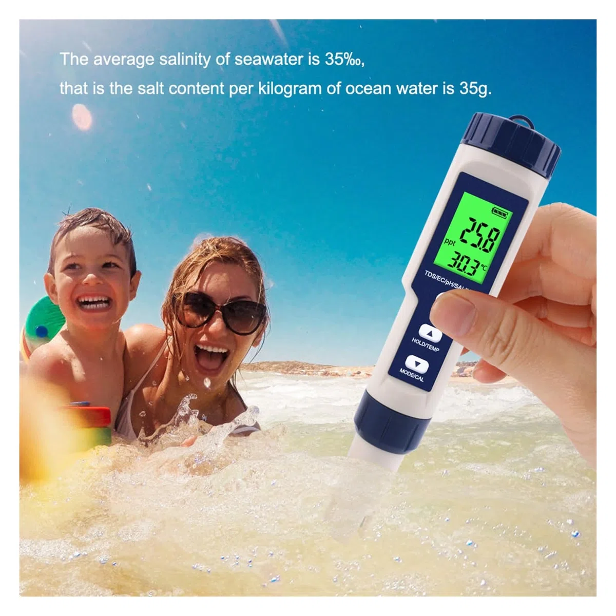 Probador de Agua, Medidor Digital de Calidad del Agua 5 en 1 TDS/EC/PH/salinidad/Temperatura for Piscinas, Agua Potable, acuarios(No Backlight)