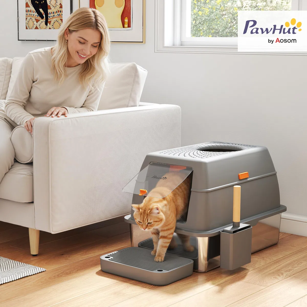 PawHut - Bandeja de Arena Cerrada XL de Acero Inoxidable, casa de Aseo para Gatos Grandes, Limpieza fácil, con Tapa, Marcha antidispersión, Pala y Doble Entrada, 60 x 40 x 38 cm, Color Gris Oscuro | Casa de aseo para gatos grandes, limpieza fácil con tapa