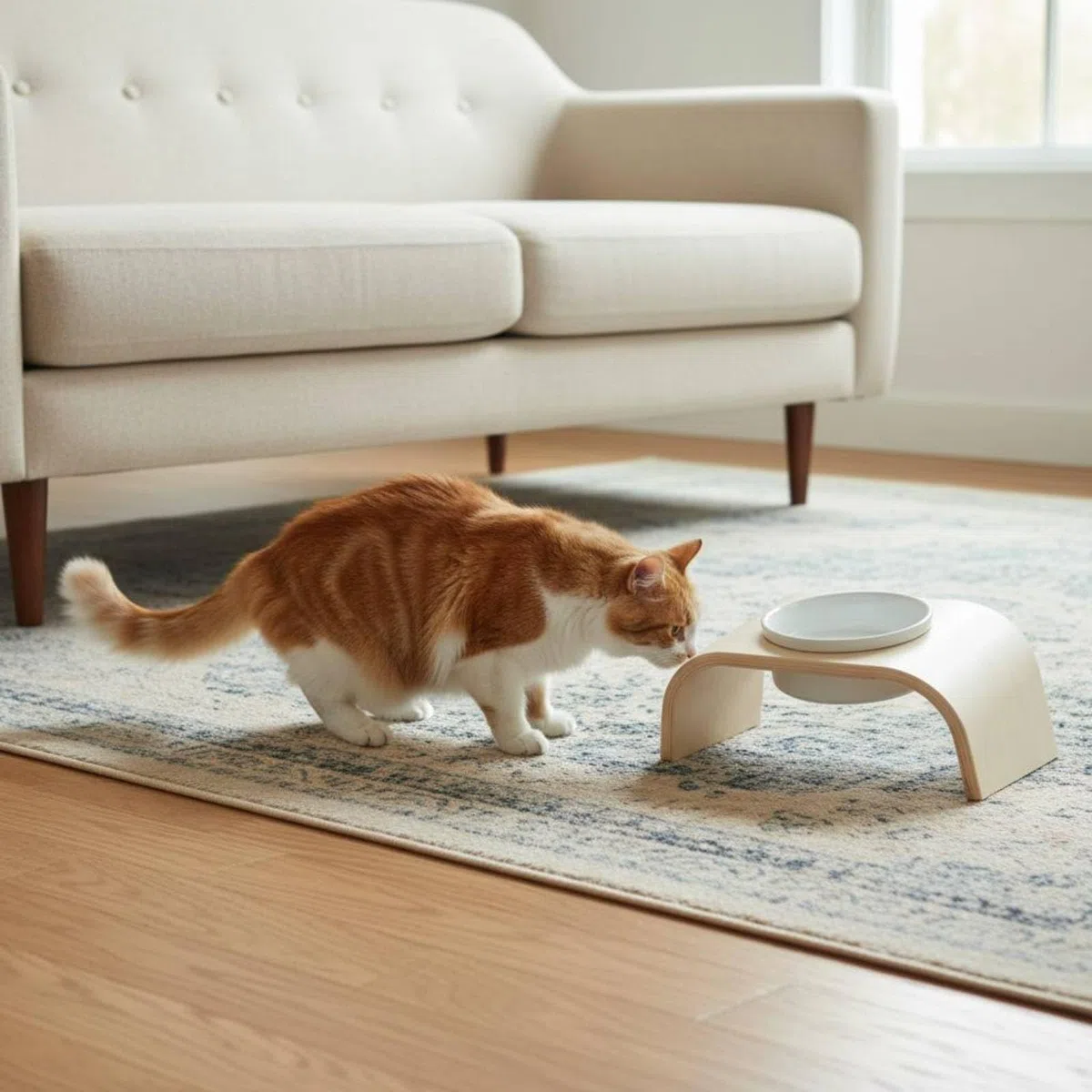 Gralara Comedero para Mascotas Elevado Comedero, Soporte De Un Solo Tazón + Tazón De Cerámica Blanco De Boca Plana con Orejas De Gato Brillante/Oscuro