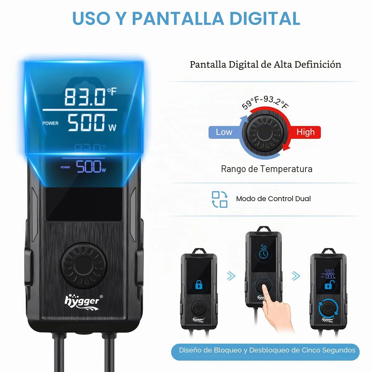 Hygger - Calefacción para acuario (800 W, calefacción sumergible, para acuario, temperatura ajustable, con controlador de pantalla digital, LED, 800 W)