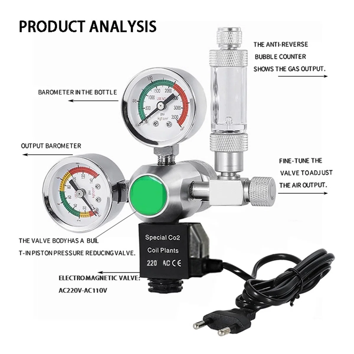 Regulador de CO2 for Acuario, Contador Burbujas solenoide, Sistema Control, válvula Reductora for Tanque Peces a Prueba Agua(M22)