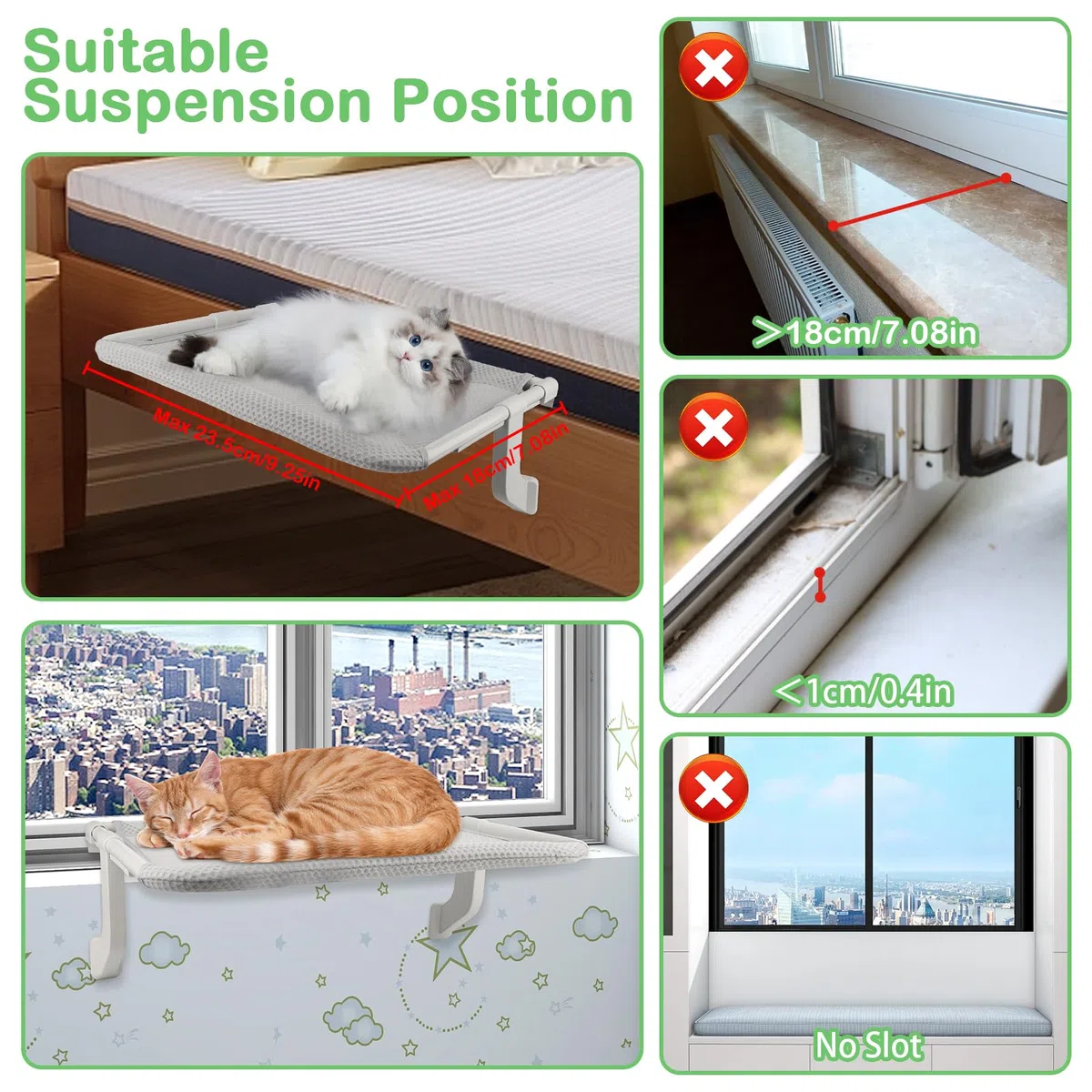 2 en 1 Hamaca Gatos Ventana Plegable Soporta hasta 25 kg Cama Gatos Ventana con Ventosas y Ganchos 53.5x39.5 cm Hamaca Ventana Gato para Interior Exterior, Fácil Instalación - Gris