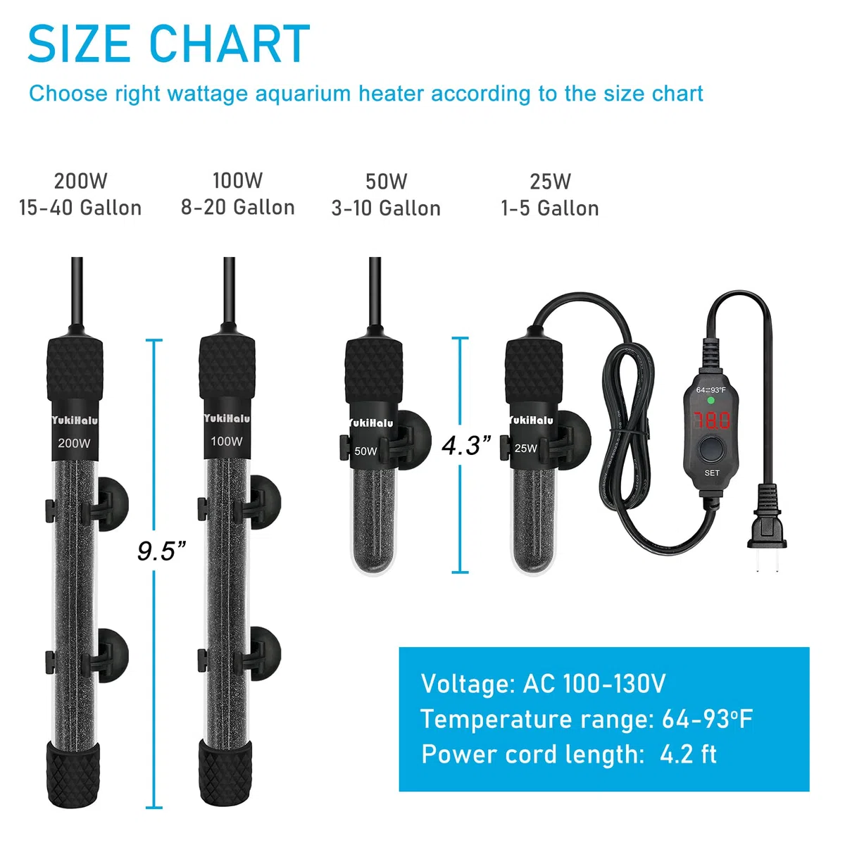 YukiHalu Pequeño calentador sumergible para acuario, mini calentador ajustable de 25 W, 50 W, 100 W, 200 W, 300 W, con controlador de temperatura externo, pantalla LED, utilizado para 5/10/20/40/60