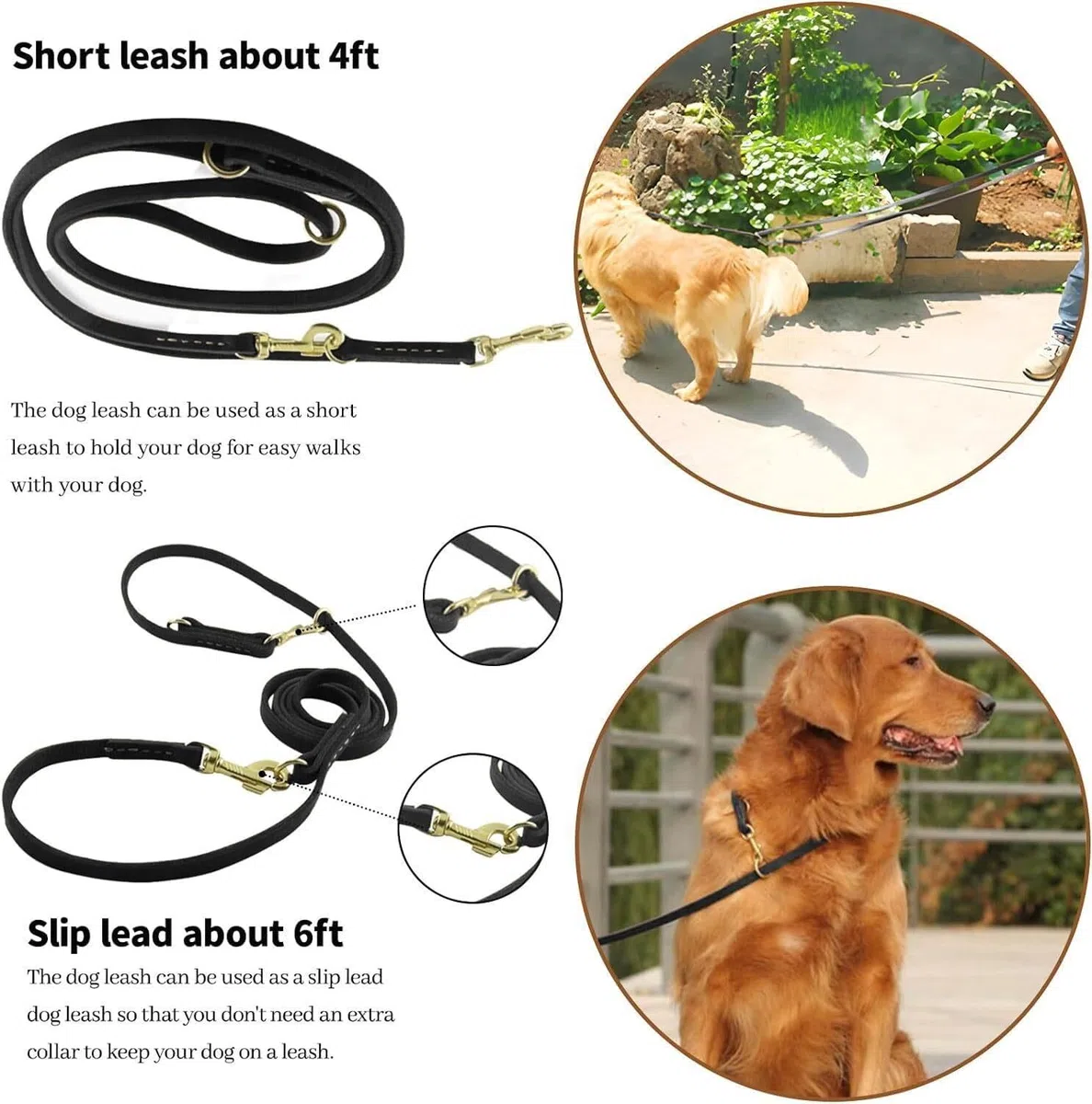 Correa de Cuero for Perros: Entrenamiento Manos Libres Genuino multifunción de 8 pies, Correa Deslizante Ajustable for Perros pequeños, medianos y Grandes(Black)