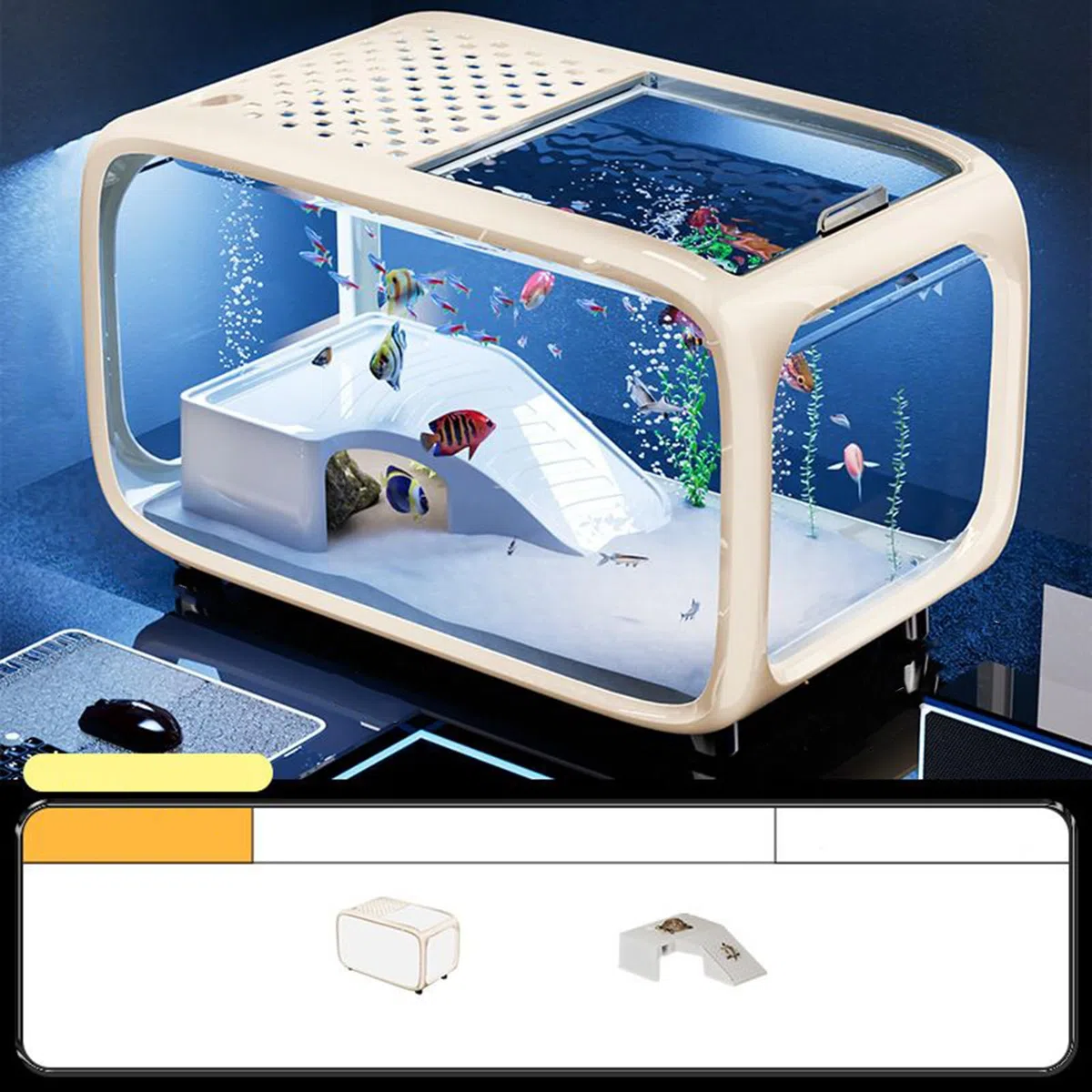 Acuario de mesa – Mini acuario con decoración de escalada para pequeñas mascotas acuáticas, tortuga de camarón Betta, hábitat acrílico transparente, complemento para la plantación de agua