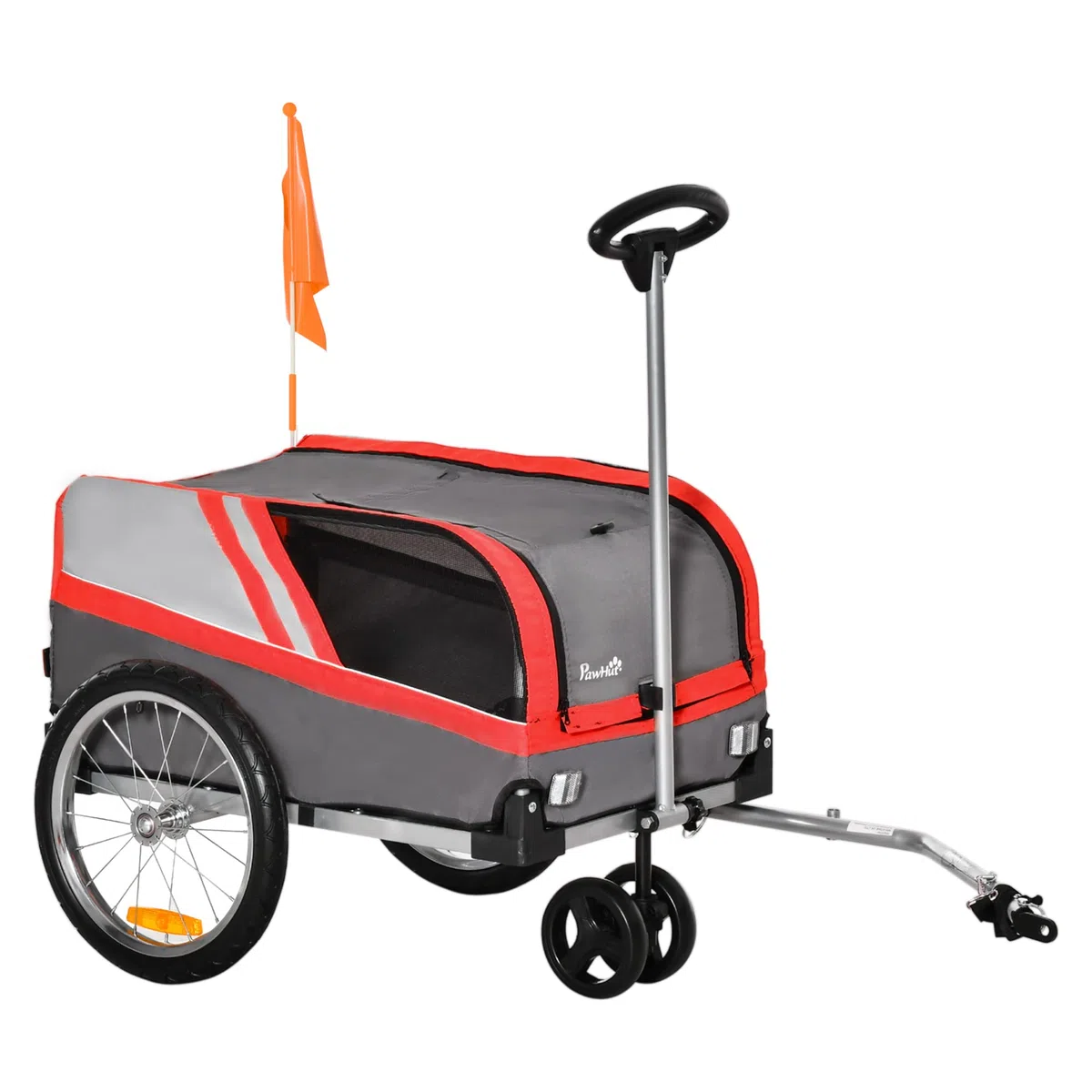 PawHut Remolque de Bicicleta para Perros 2 en 1 Carrito para Mascotas con Enganche Cubierta Enrollable Cinturón de Seguridad Bandera y Reflectores 130x64x97 cm