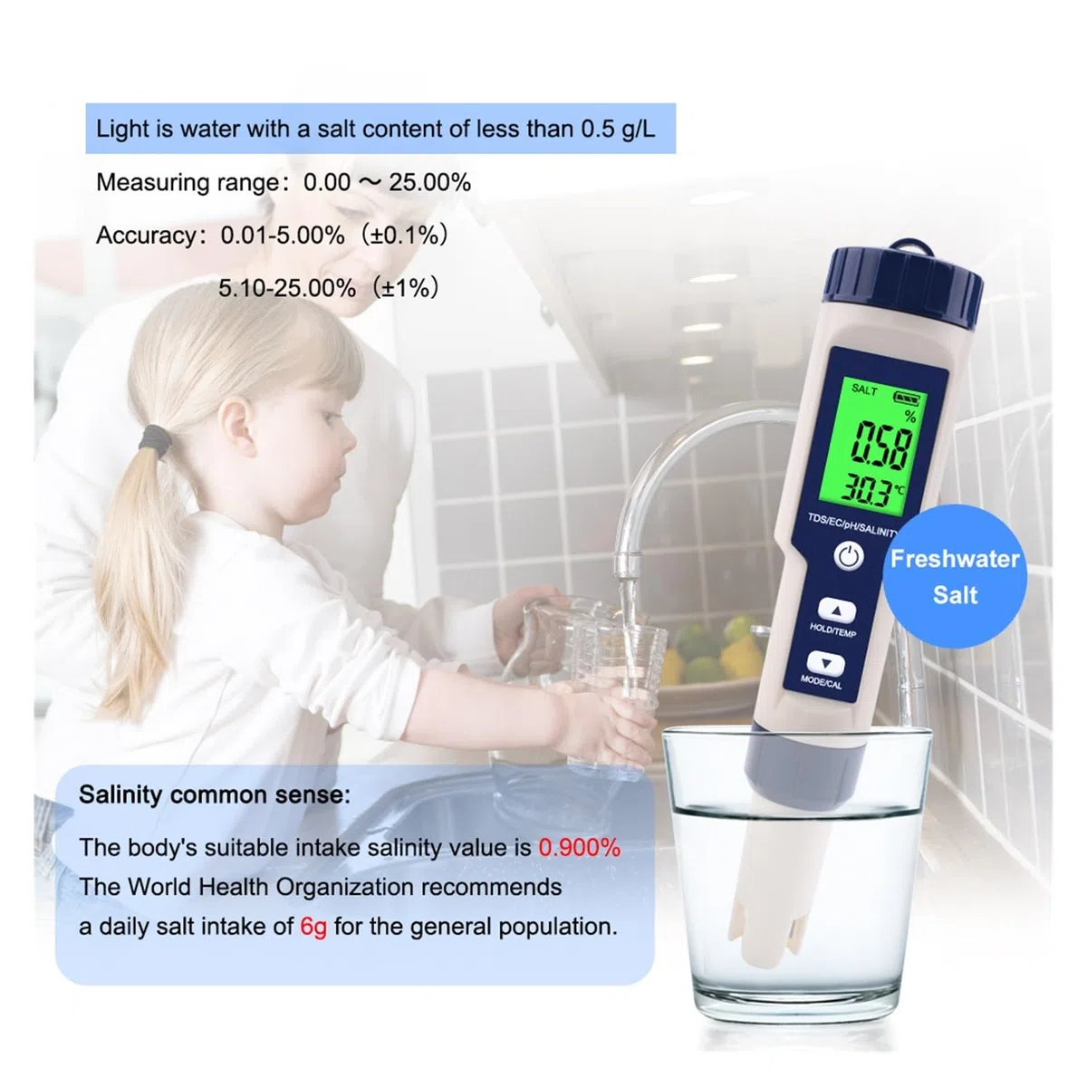 Probador de Agua, Medidor Digital de Calidad del Agua 5 en 1 TDS/EC/PH/salinidad/Temperatura for Piscinas, Agua Potable, acuarios(No Backlight)