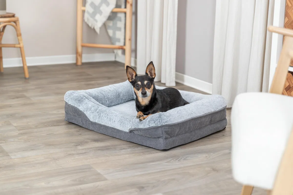 TRIXIE Cama ortopédica para Perros Vital Lino, 27.6 x 21.7 Pulgadas, Color Gris, cojín Premium para Perros con Espuma viscoelástica, Cesta para Perros Mayores, Agradable a Las articulaciones y
