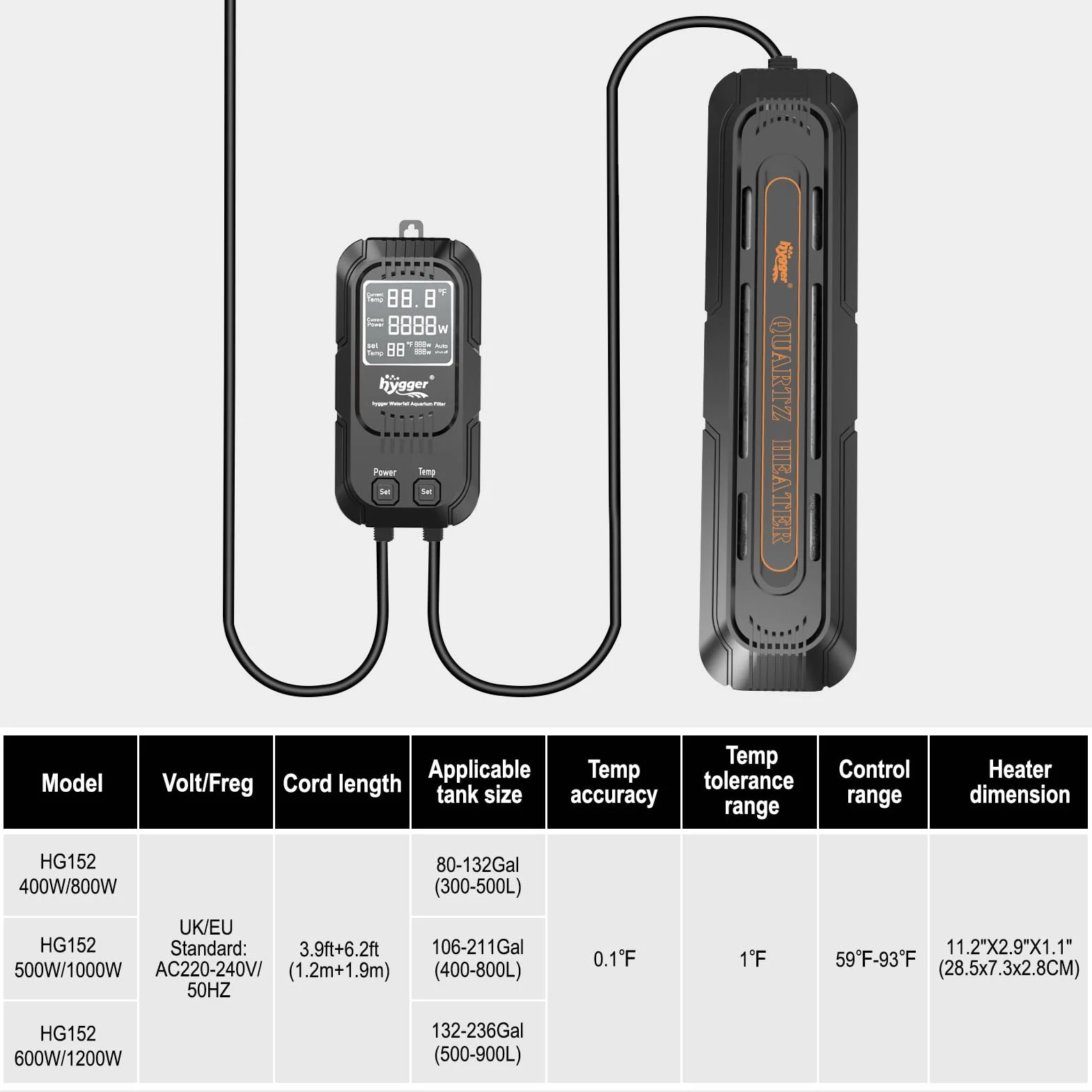 Hygger Calentador Acuario para Pecera Potencia Regulable 500W/1000W,Calefacción para Acuario Sumergible Calentador con Controlador Digital de Agua Dulce y Aalada de 400-800 litros