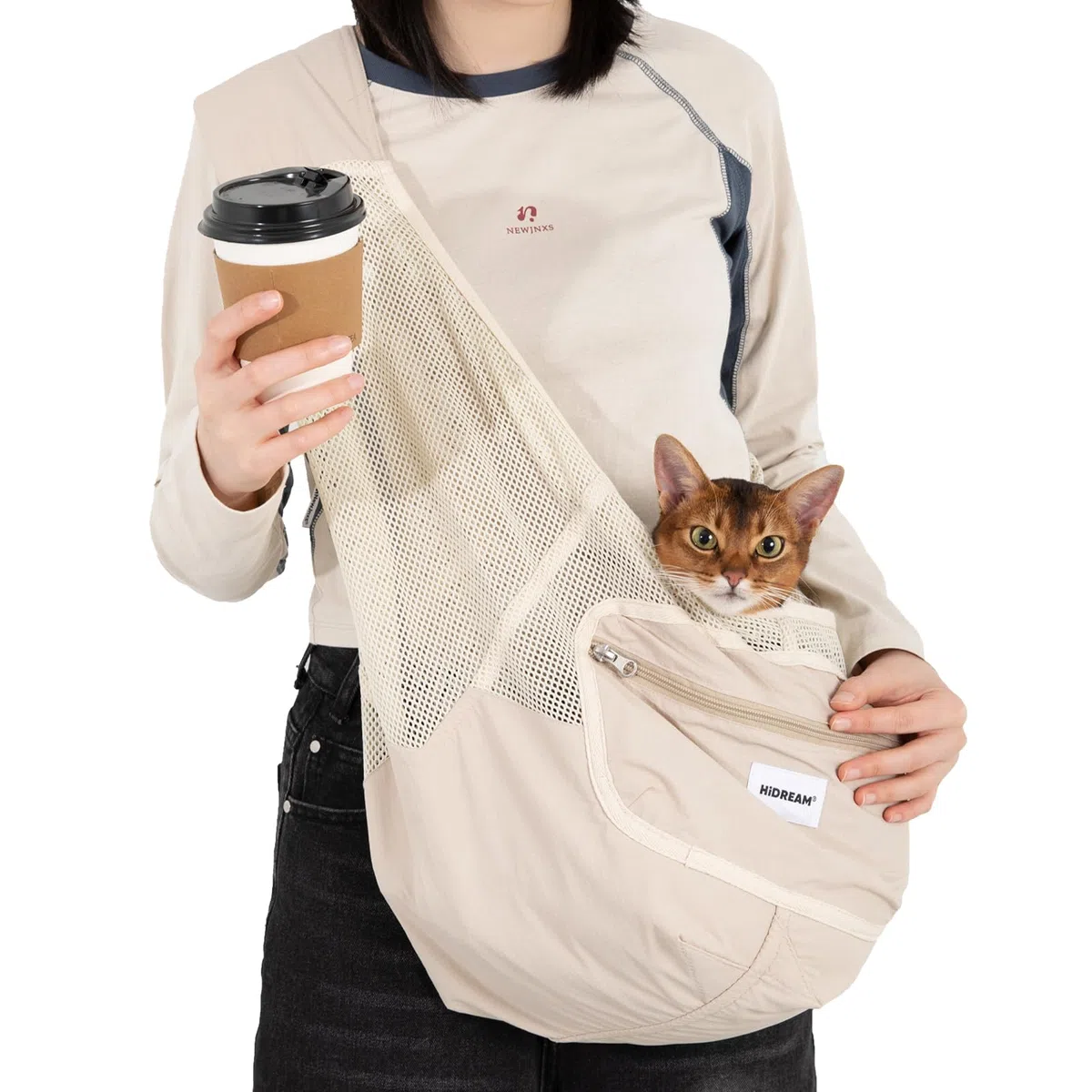 Bolsa bandolera para perro, transportador de mascotas de malla transpirable ligera para gatos y perros pequeños (hasta 7 kg), correa ajustable con bolsillo con cremallera (marrón)