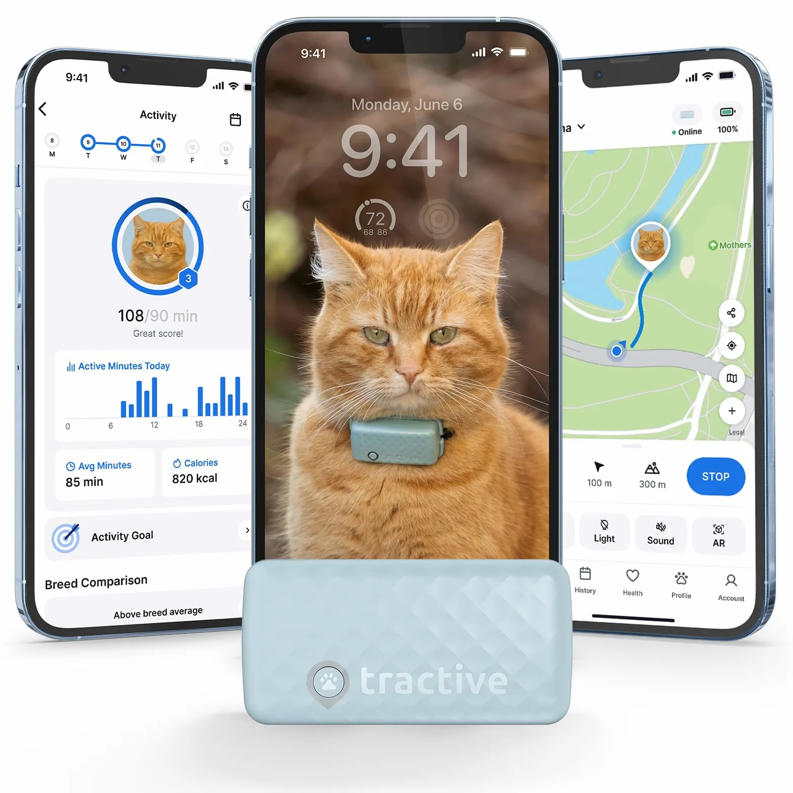 Tractive Rastreador GPS y monitoreo de salud para gatos (6.5 libras +) – Rastreador de ubicación GPS para mascotas líder en el mercado | Alertas de bienestar y escape | Impermeable | Funciona con